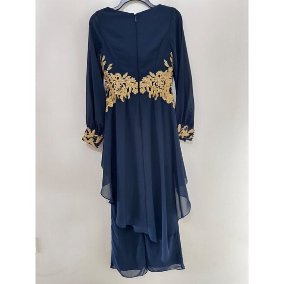 JJ ‘S Jumpsuit/Pantsuit V-Neck Floor-Length Chiffon Evening Dress With Appliques - Picture 2 of 9